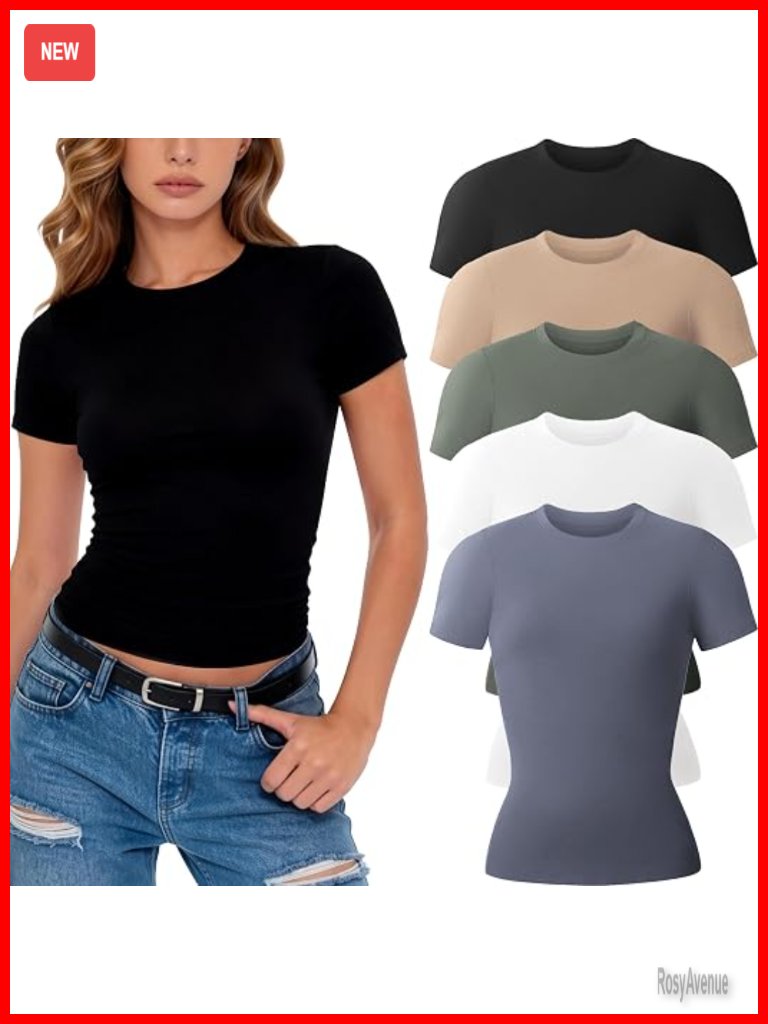 Crew Neck Short Sleeve T-Shirts For Women Fitted Stretchy Basic Tees